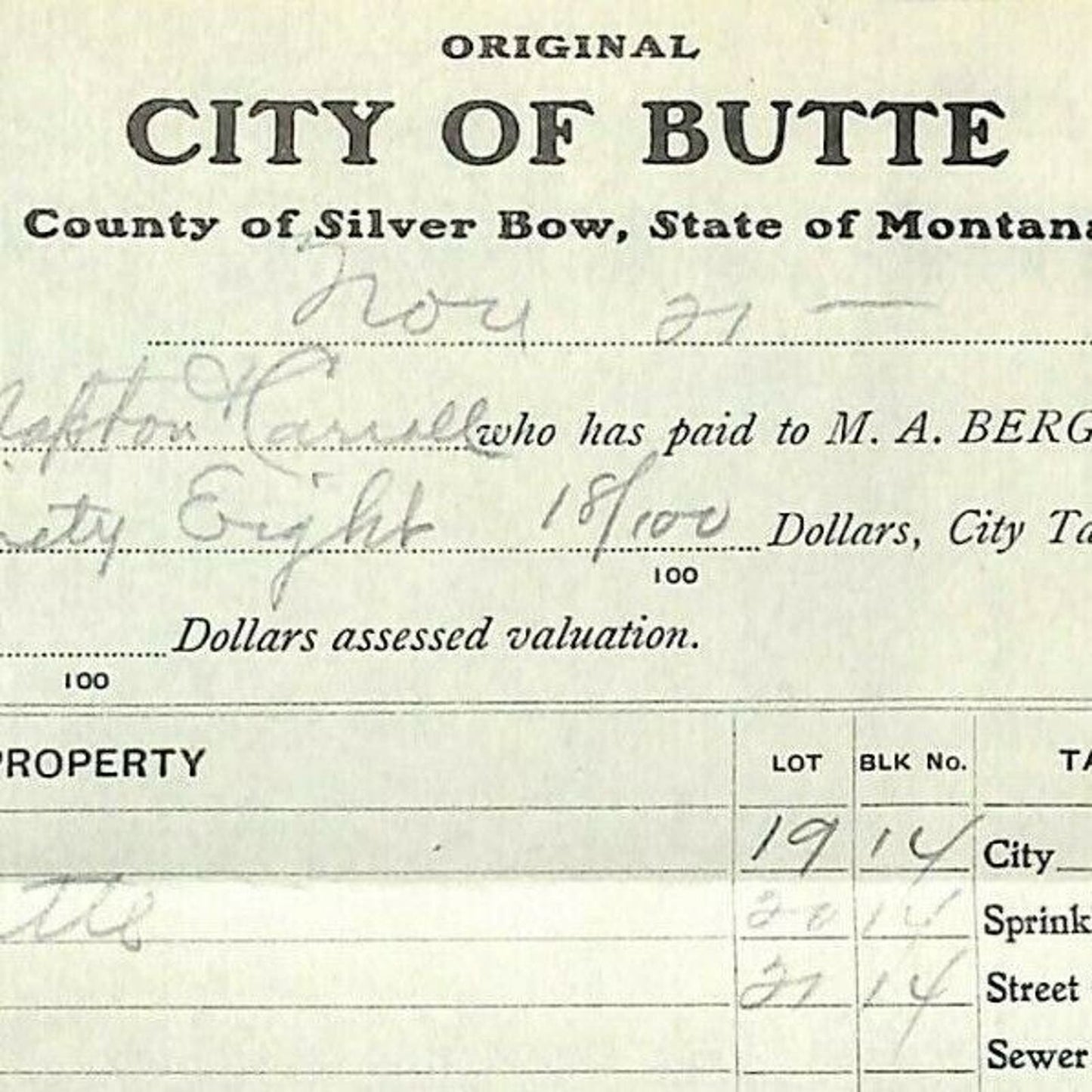 1904 Check Daly Bank Trust of Butte, MT Eugene Carroll - Silver Bow Tax Receipt