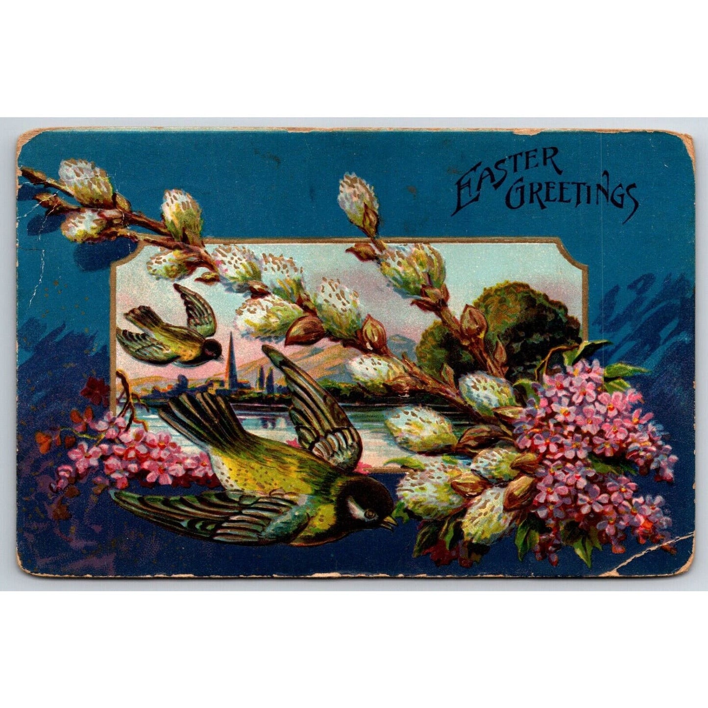 Easter Postcard "Easter Greetings" Floral Birds Church Emb. PM 1910