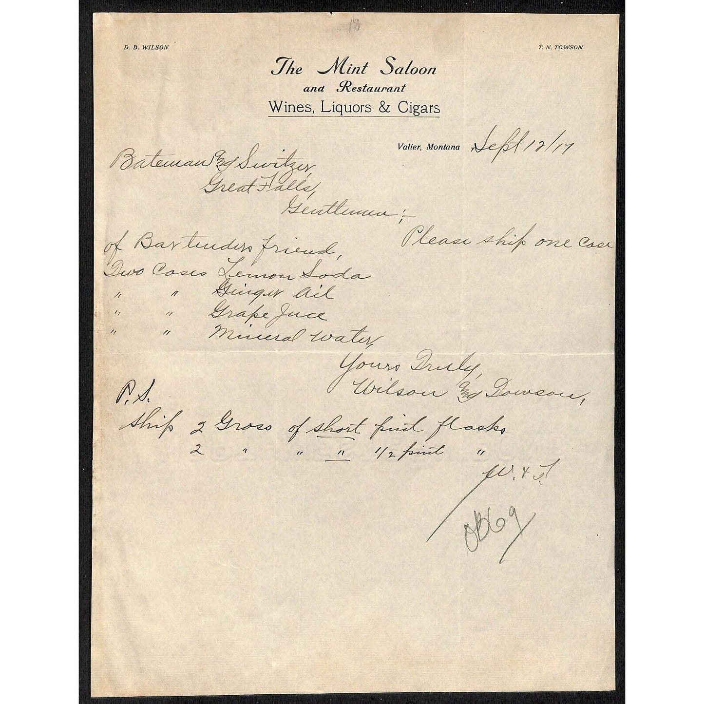 Valier, MT "The Mint Saloon & Restaurant" 1917 Letterhead - Bateman Switzer