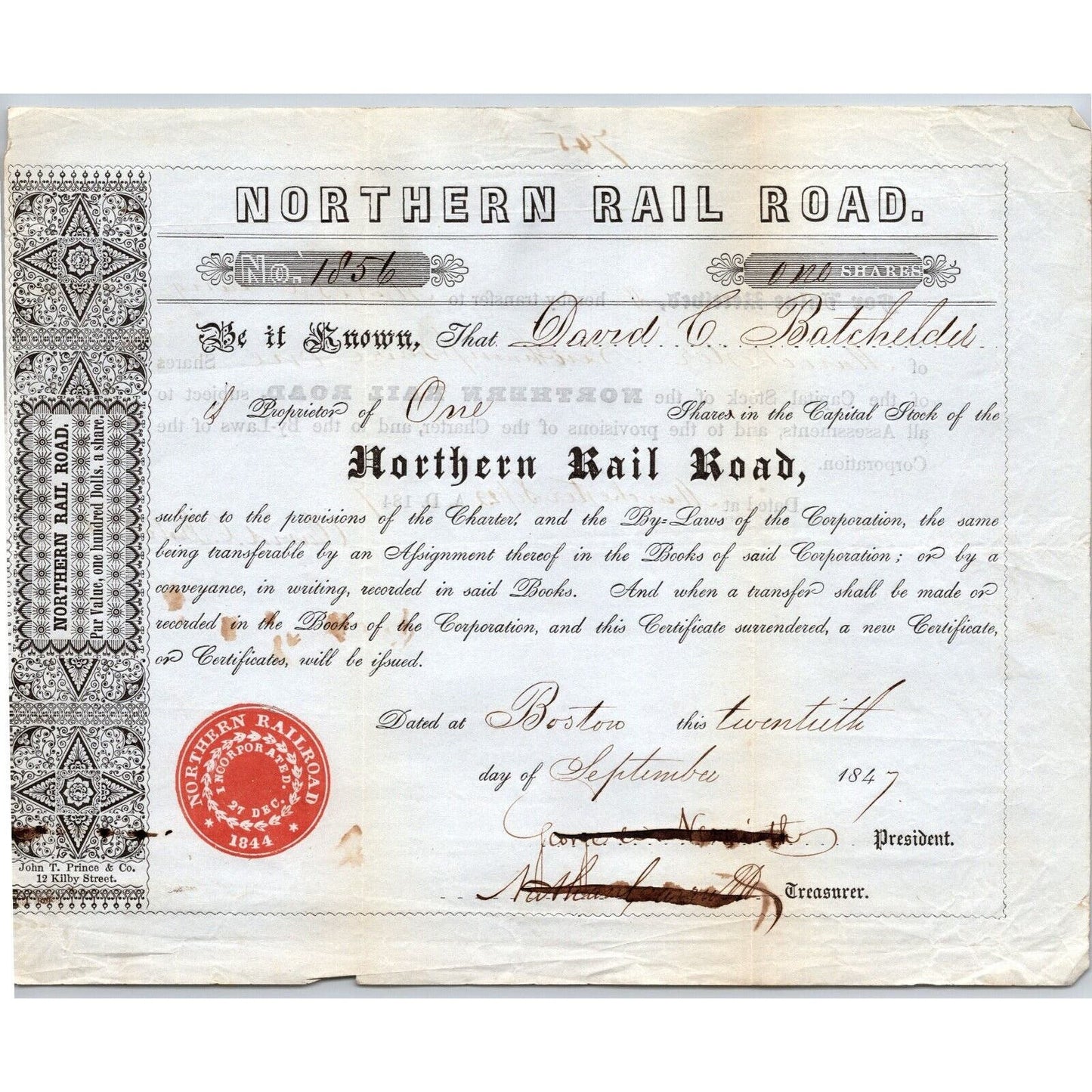 1847 Boston, MA Northern Railroad Stock Certificate No. 1856 for 1 Share