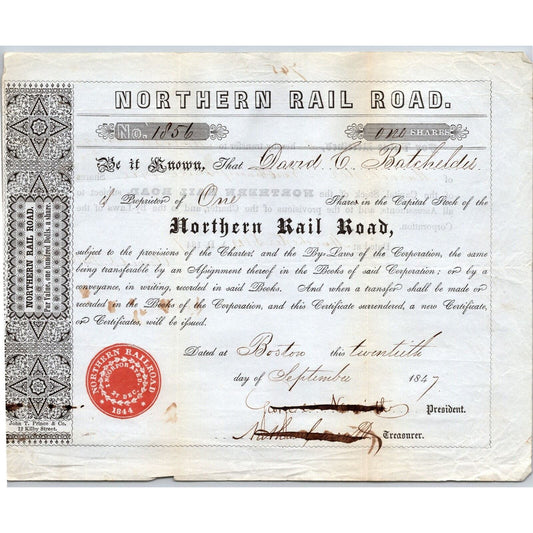 1847 Boston, MA Northern Railroad Stock Certificate No. 1856 for 1 Share