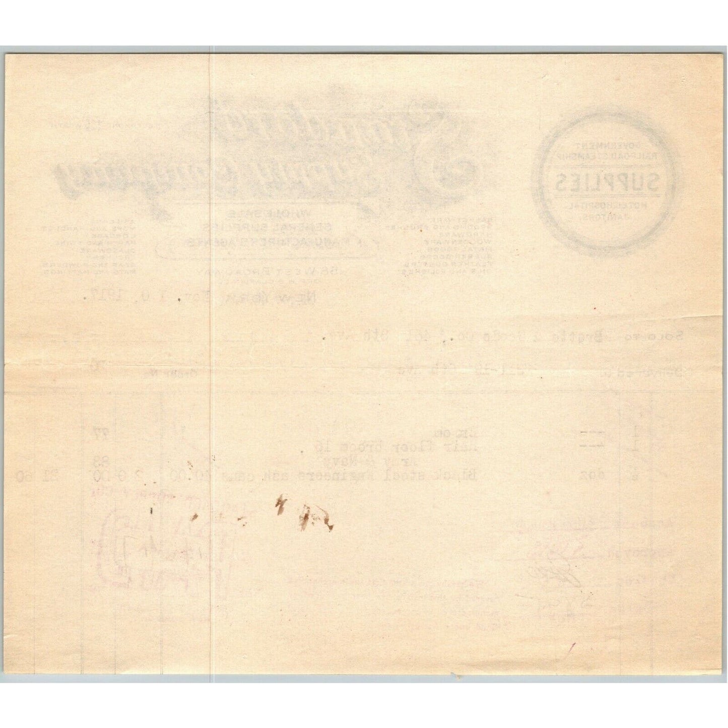 1917 Standard Supply Co. Railroad Hotel Billhead Letterhead 158 W. Broadway NYC