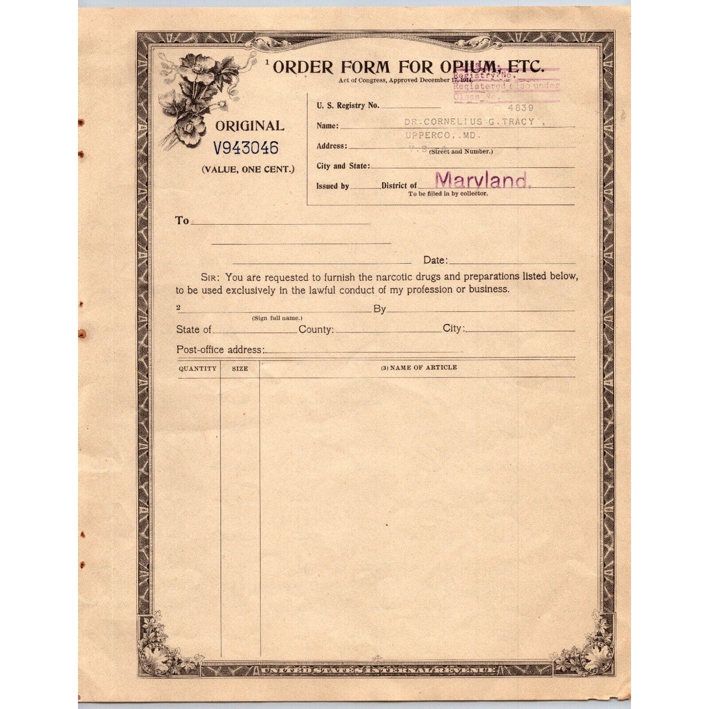 Opium / Narcotic Order Form - Original IRS Issued in Maryland c1922 V943046
