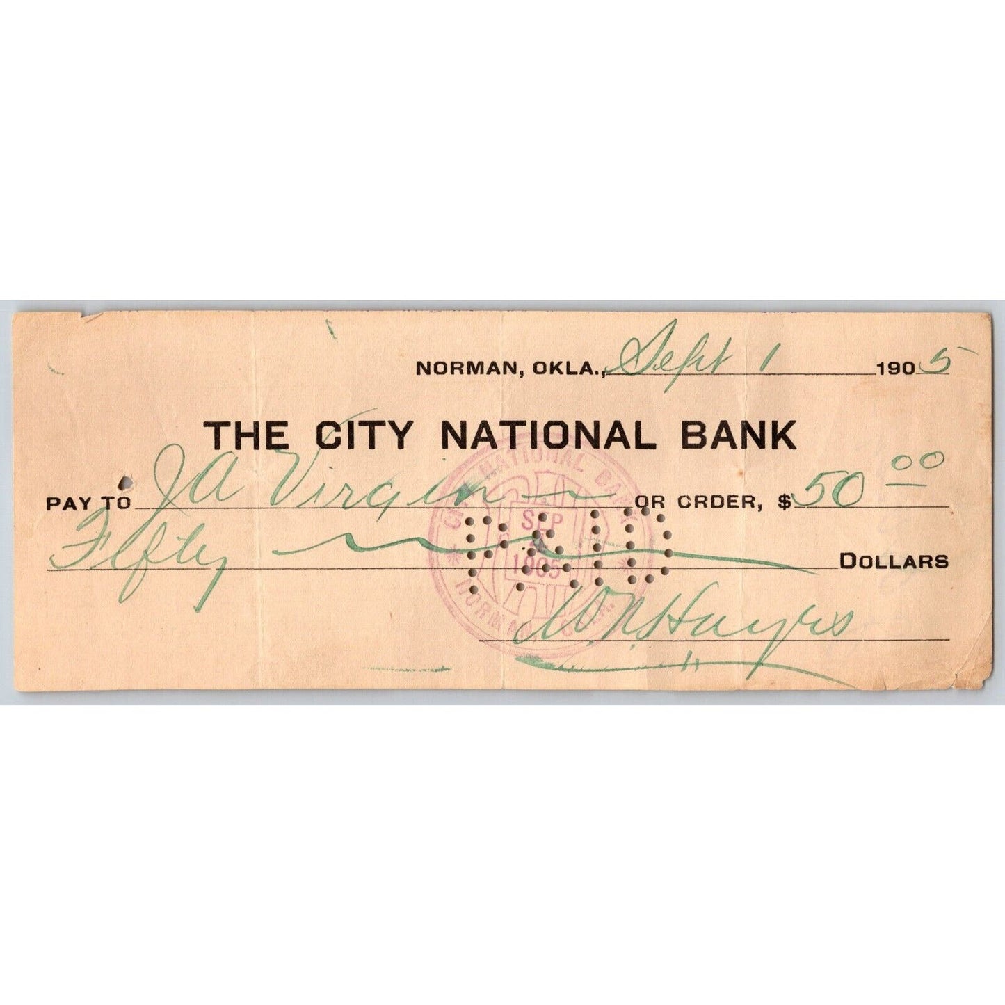 Norman, Oklahoma Territory 1905 $50 "The City National Bank" Check - Scarce