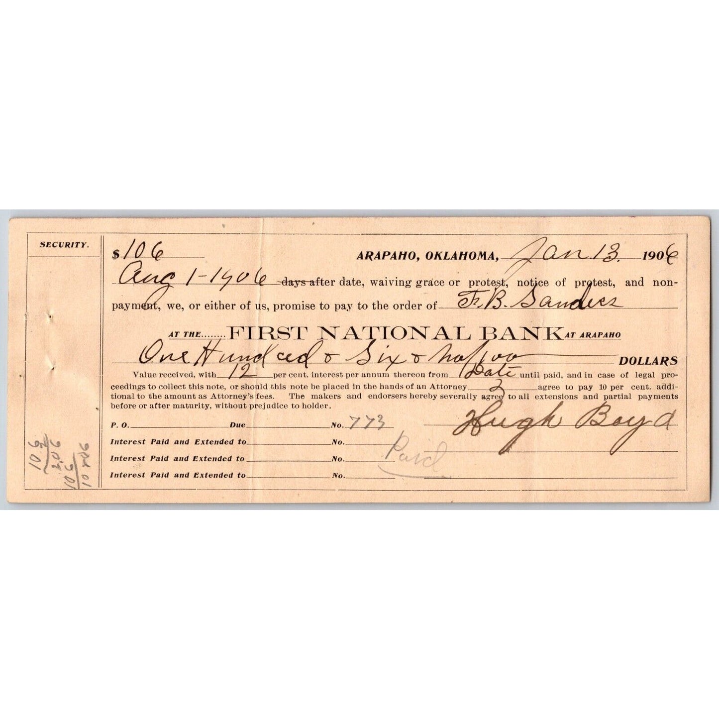 Arapaho, OK 1906 Territorial $106 12% Promissory Note - Scarce