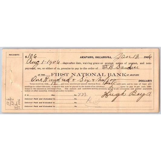 Arapaho, OK 1906 Territorial $106 12% Promissory Note - Scarce