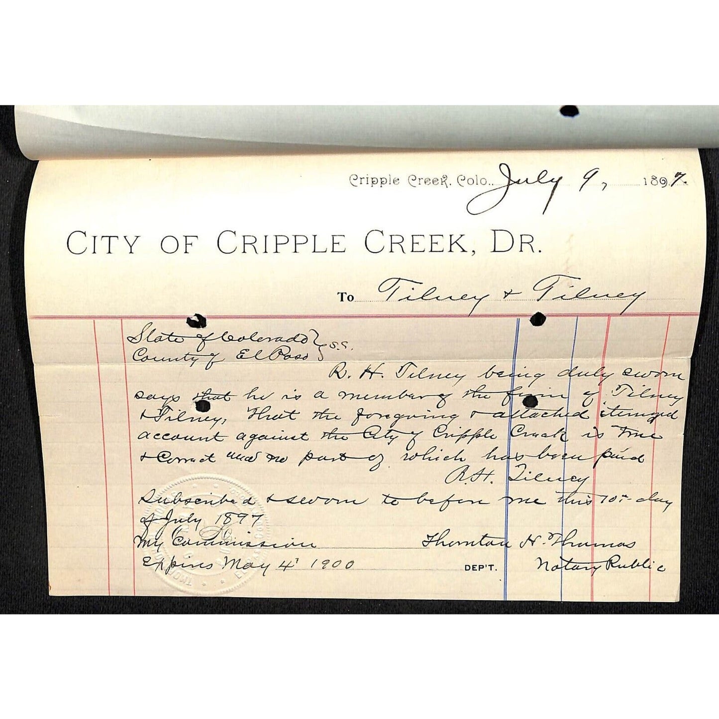 Cripple Creek, CO 1897 Tilney & Tilney Printers & C.C Attached Billheads VGC