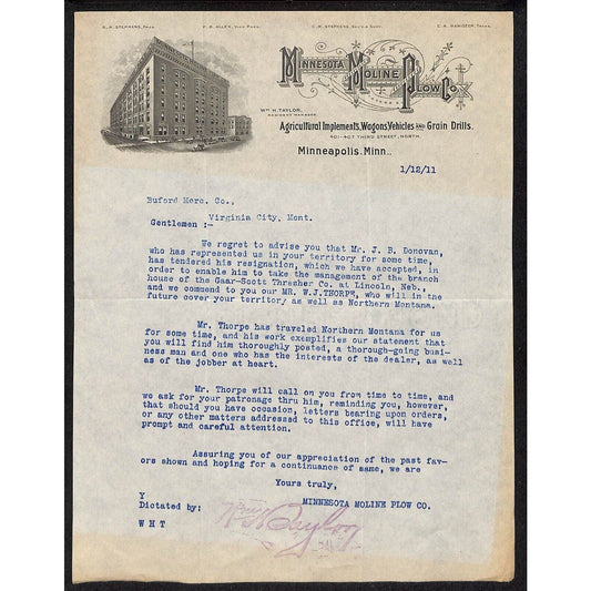 Minnesota Moline Plow Co. Agricultural Implements 1911 Letterhead Buford*