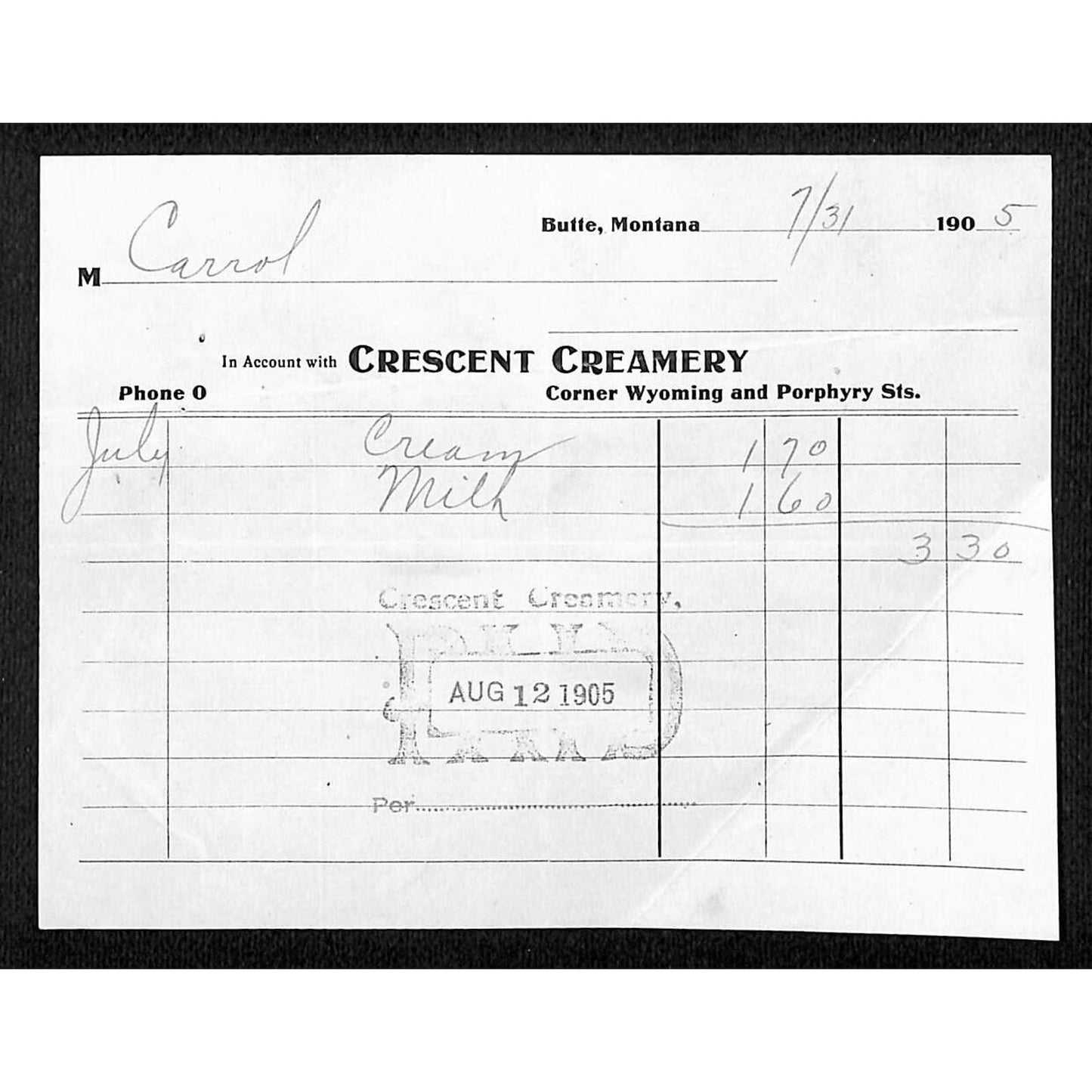 Butte, MT Crescent Creamery 1905 July Billhead Statement for Milk & Cream