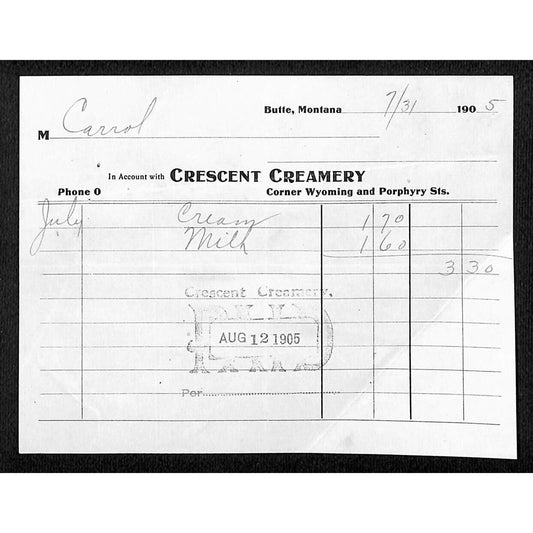 Butte, MT Crescent Creamery 1905 July Billhead Statement for Milk & Cream
