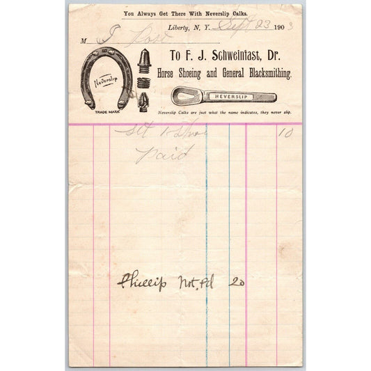 Liberty, NY F.J. Schweinfast Horse Shoeing & Blacksmithing Sept. 1903 Billhead