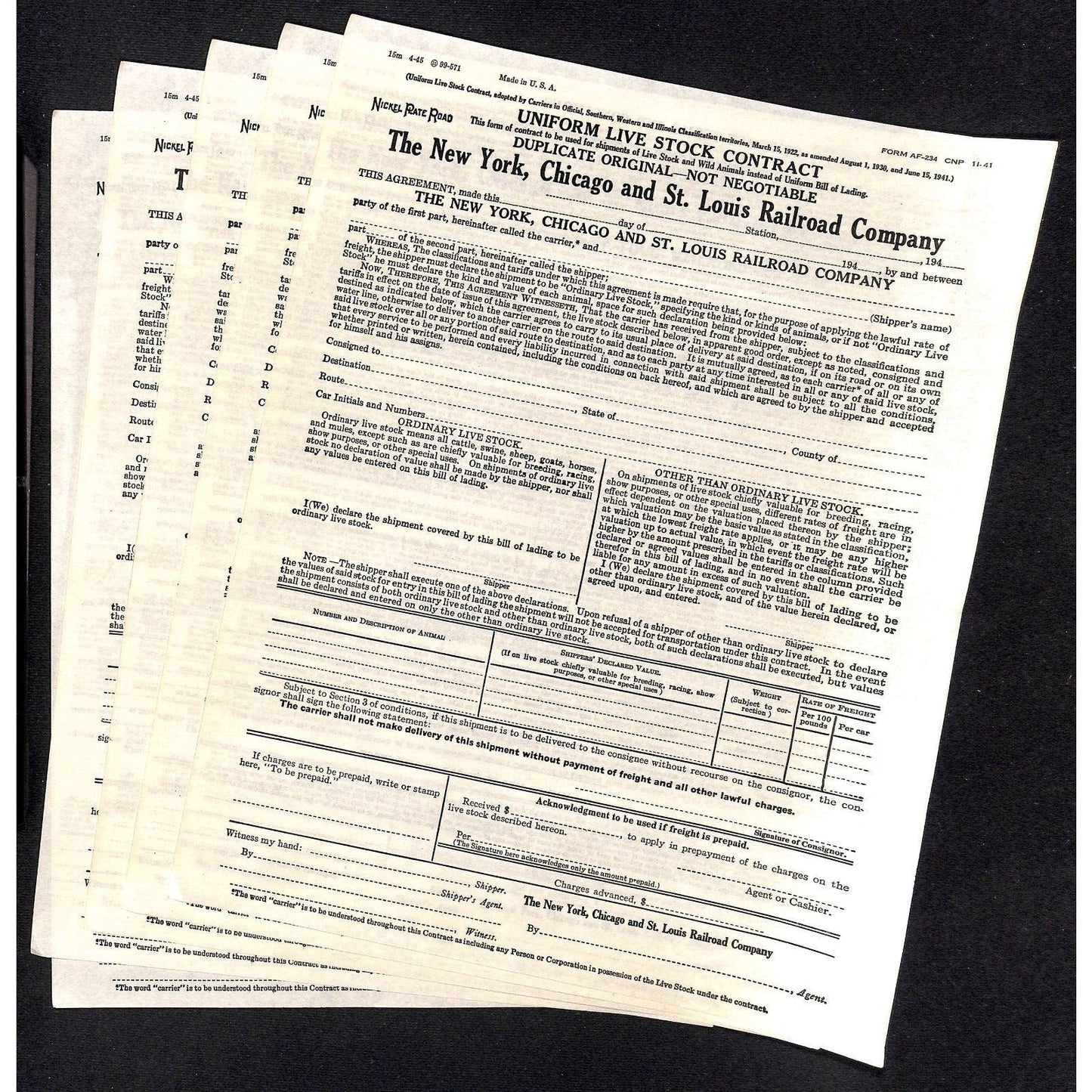 New York, Chicago and St. Louis Railroad Grp of 5 Livestock Contracts c1945 VGC