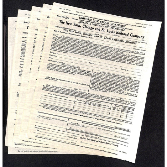 New York, Chicago and St. Louis Railroad Grp of 5 Livestock Contracts c1945 VGC