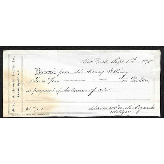 Mason & Hamlin Organ Co. NY 1875 Receipt from Henry Elling (Virginia City, MT)