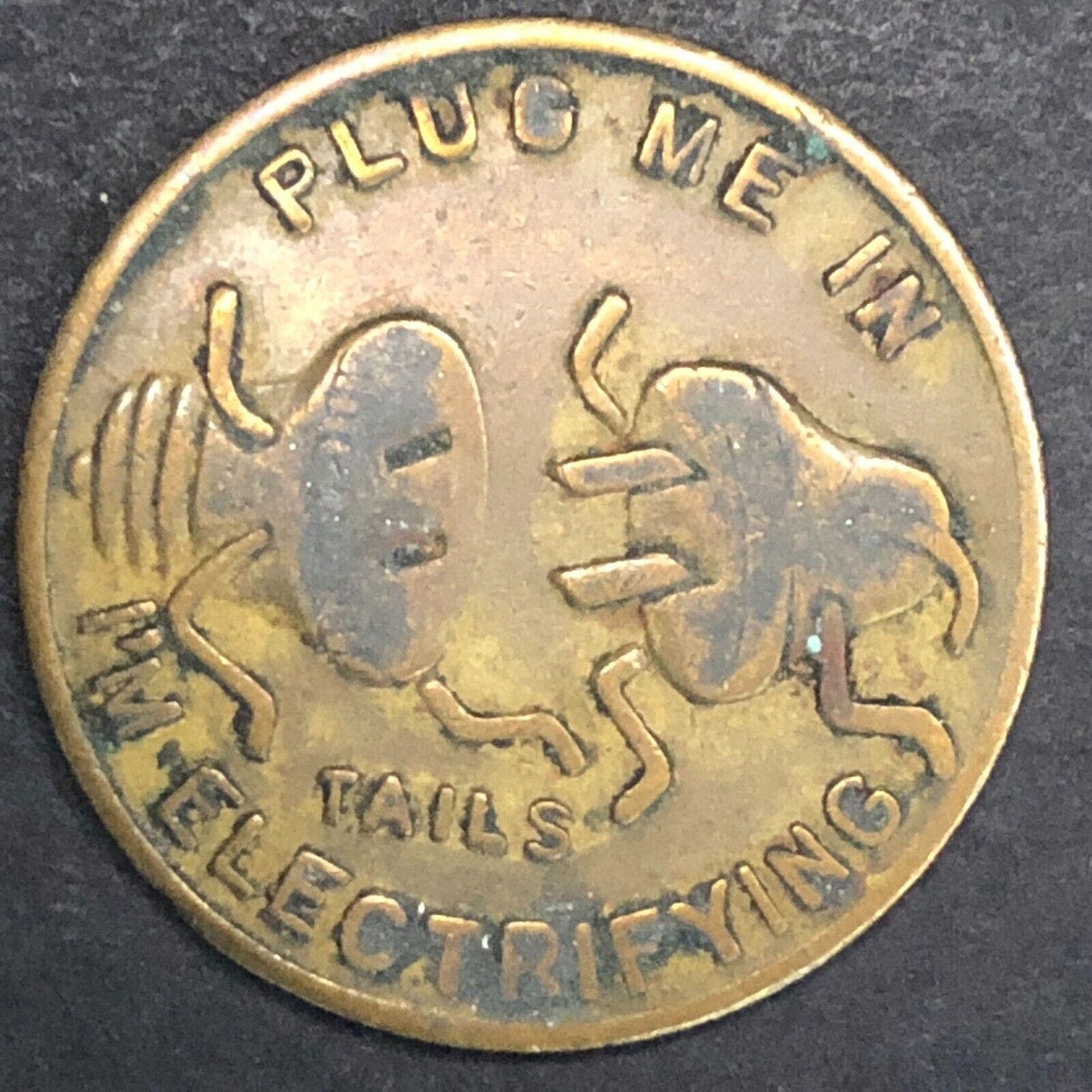 Funny Racy Bawdy "Plug Me In" Vintage Brass Heads / Tails Token 25.7mm