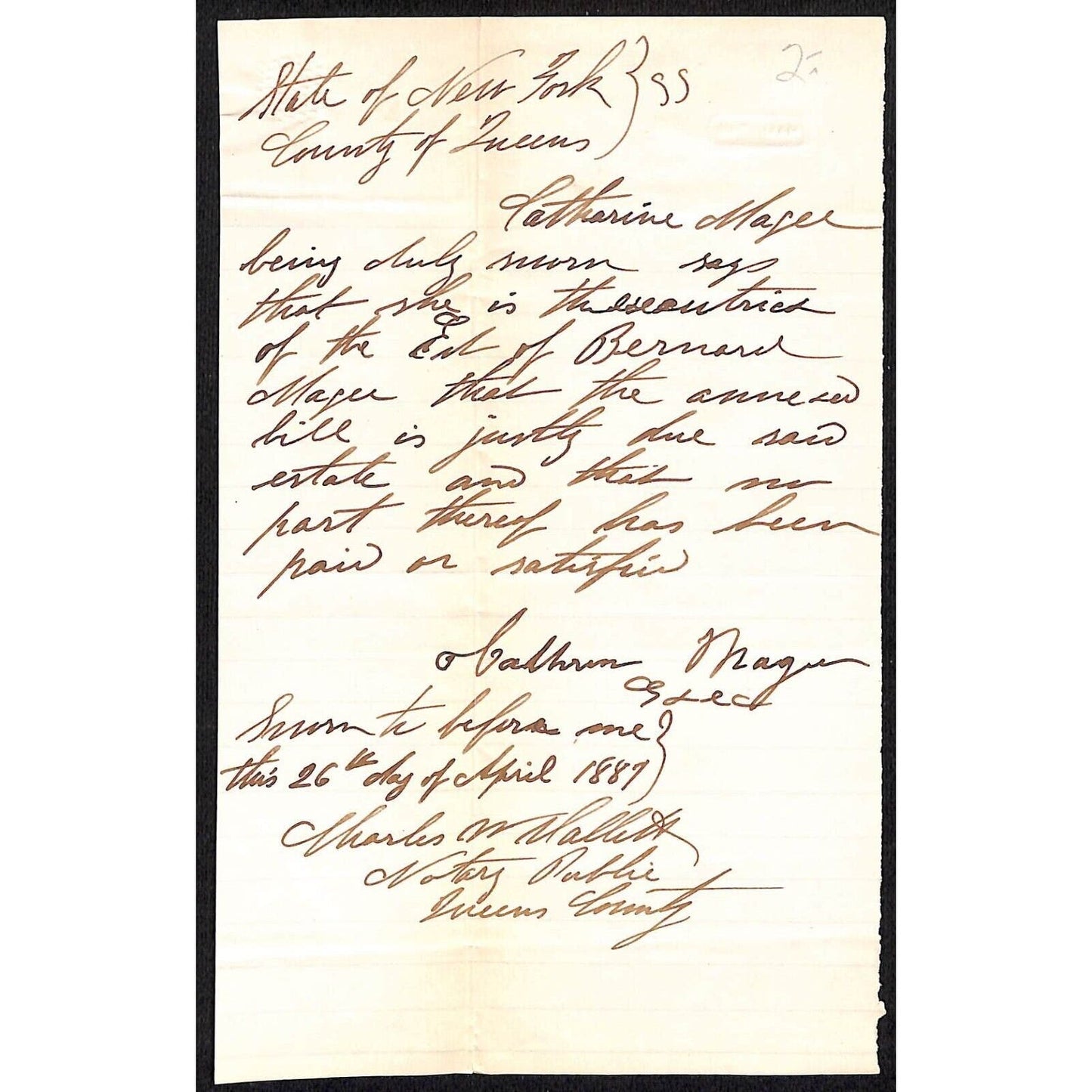 1887 Queens, NY Hand Written Notarized Legal Document re: Estate w/ Small Seal
