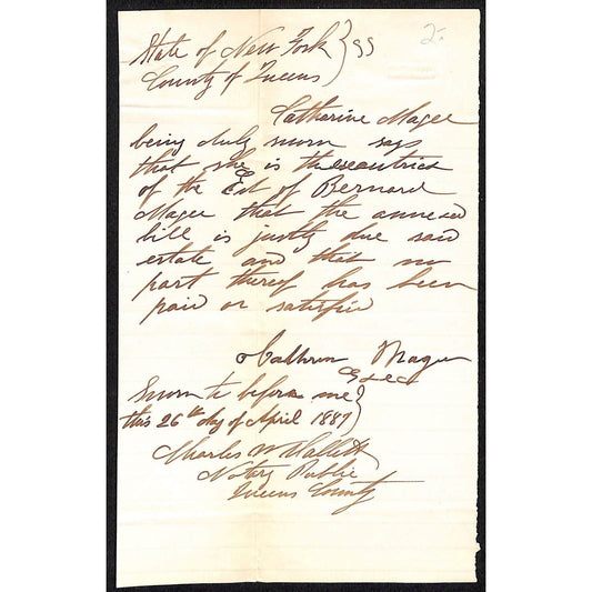 1887 Queens, NY Hand Written Notarized Legal Document re: Estate w/ Small Seal