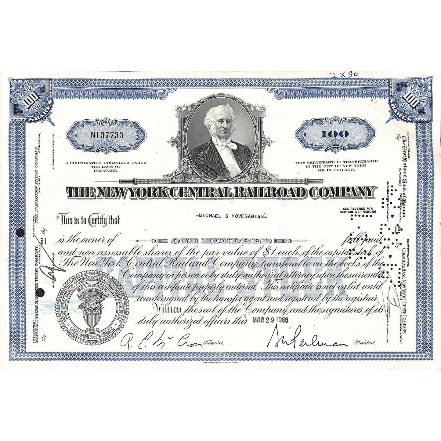 Group of 20 1960's New York Central Railroad Vintage Stock Certificates