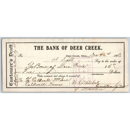 Deer Creek, OK 1903 Territorial "The Bank of Deer Creek" Check - Scarce