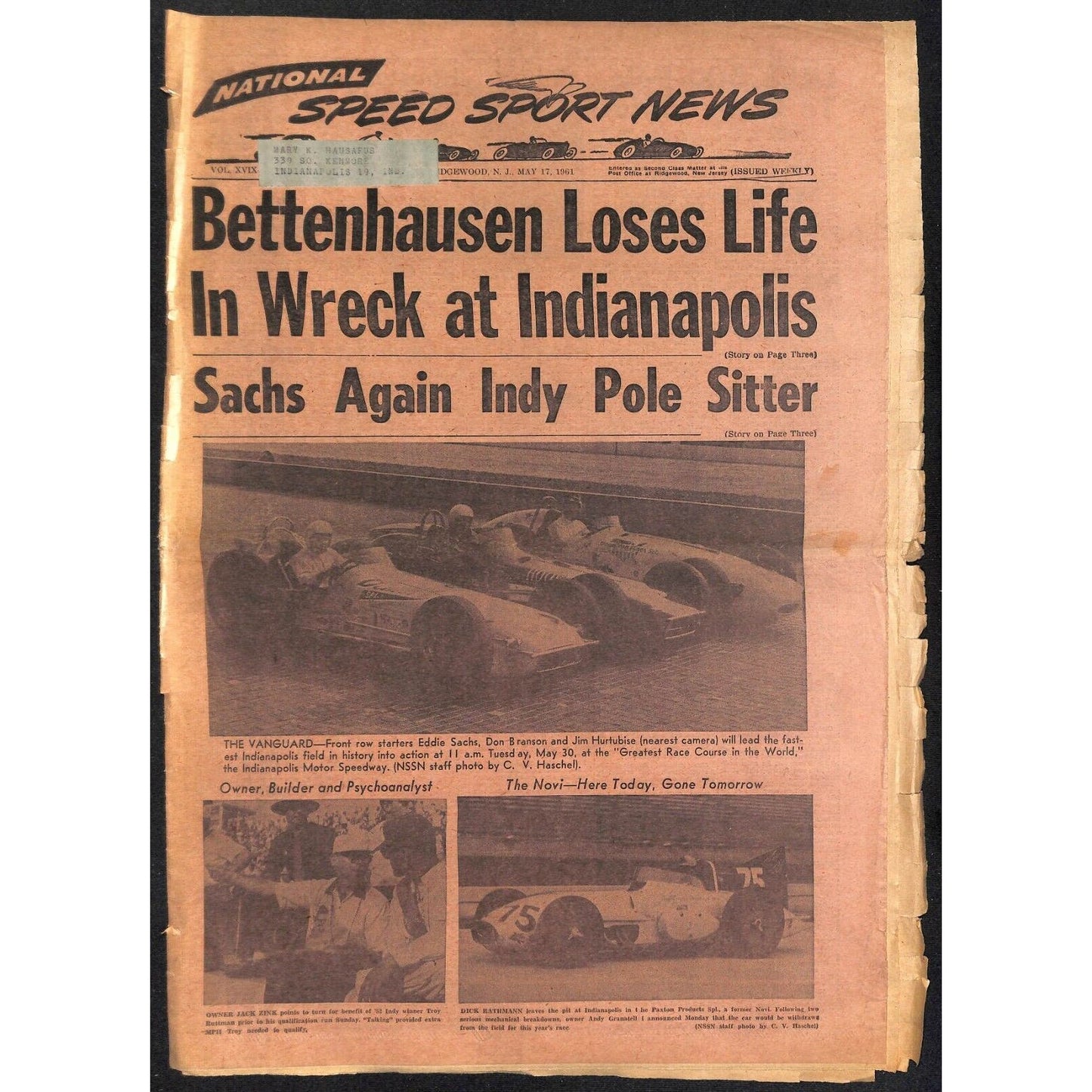 National Speed Sport News 5/17 1961 "Bettenhausen Loses Life" Racing 15pp VGC
