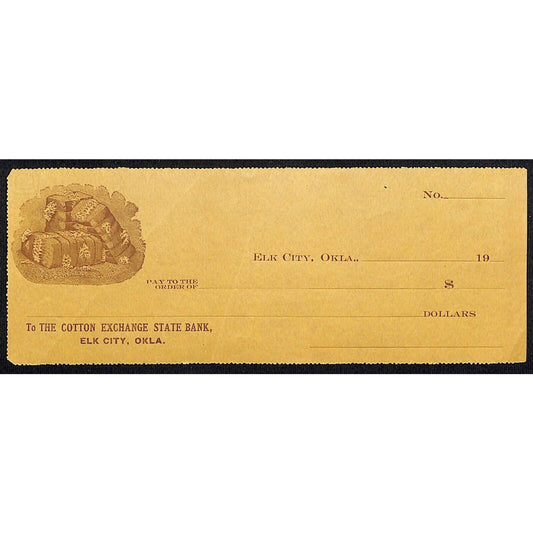 Elk City, OK c1900 - 19?? Territorial? Unused Bank Check Cottom Bale Vignette