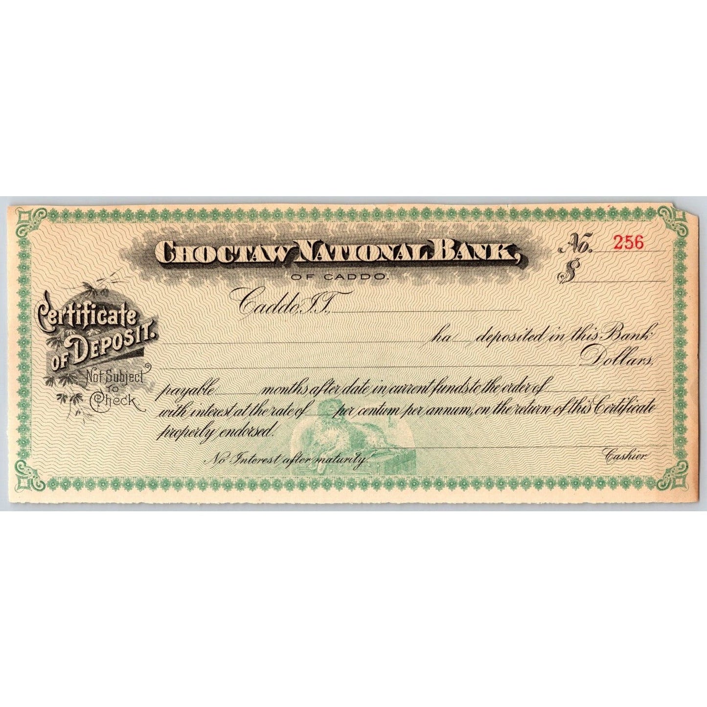 Caddo, OK Indian Territory c1900-1907 Unused Choctaw National Bank CD - Scarce