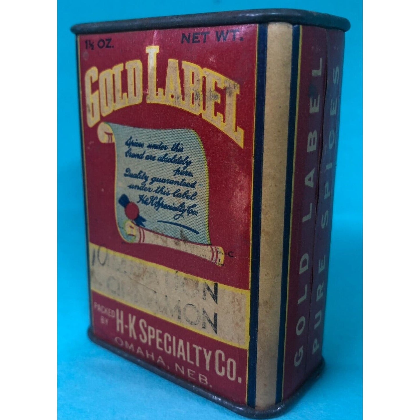 Gold Label Cinnamon H-K Specialty Co. Spice Tin 2 7/8" h Fiber Body c1930's-40s