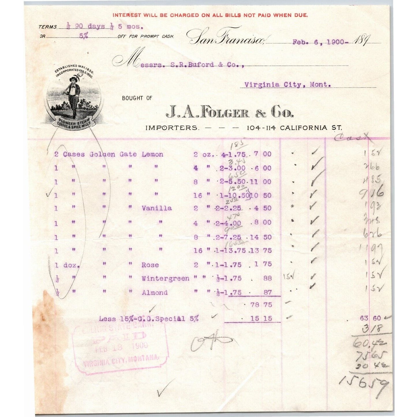 1900 J.A. Folger (Coffee, Tea, Spices) Letterhead S.R. Buford Virginia City, MT