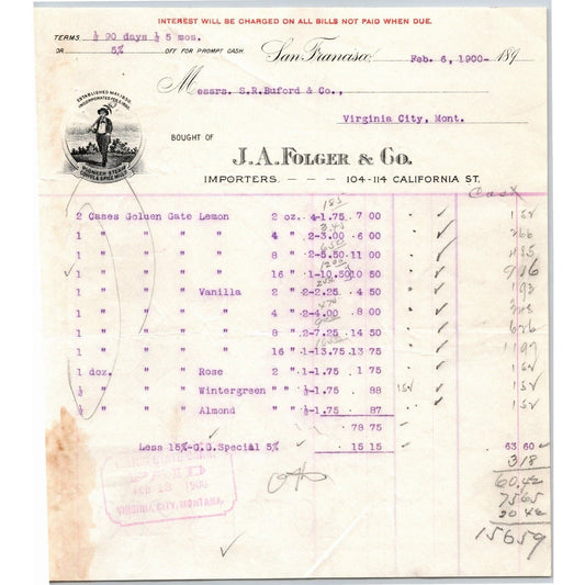 1900 J.A. Folger (Coffee, Tea, Spices) Letterhead S.R. Buford Virginia City, MT