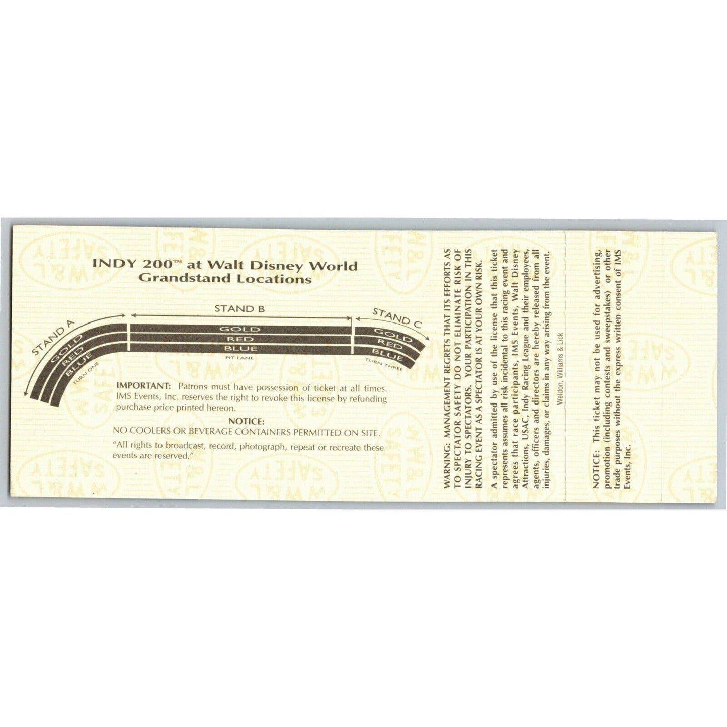 1996 Indy 200 Walt Disney World Qualifications & Practice Unused Ticket Seat 12
