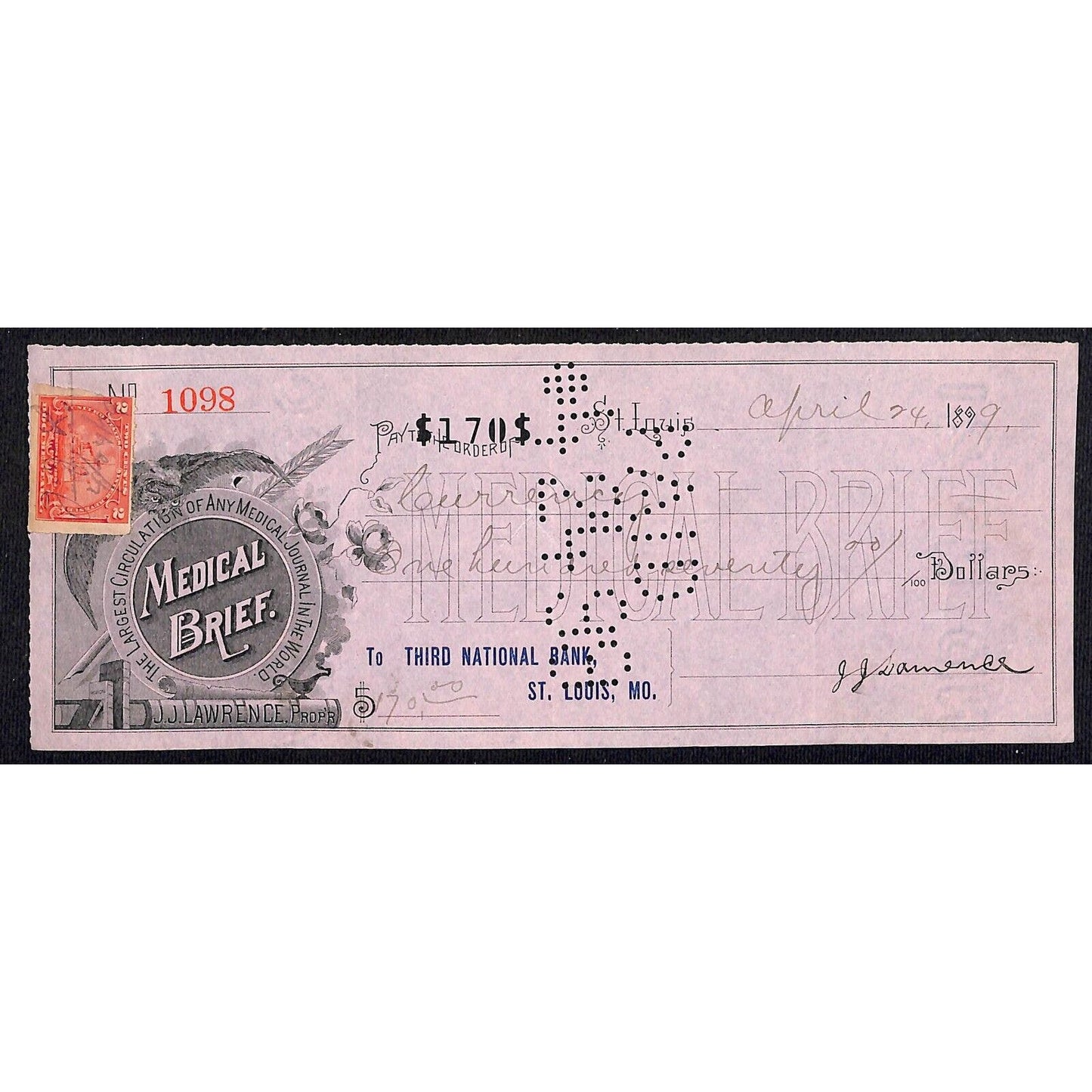 Medical Brief Journal / Third National Bank 1899 Check w/ Rev. Stamp & Vignette