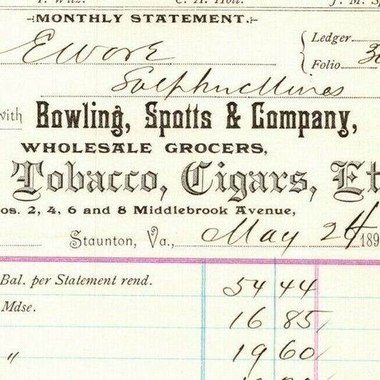 1894 Scarce Bowling, Spotts & Co Tobacco Flour Billhead Letterhead Staunton, VA