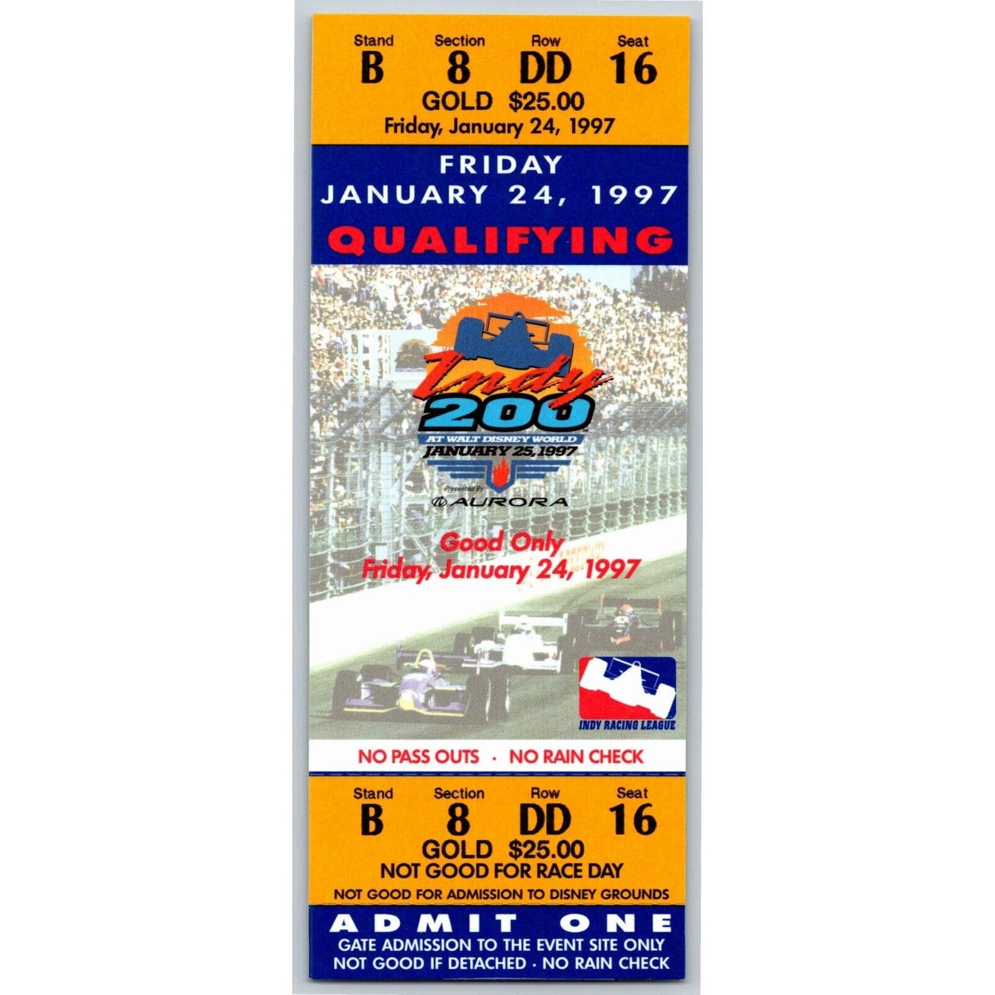 1997 Indy 200 Walt Disney World Friday 1/24 Qualifying Unused Ticket - Seat 16