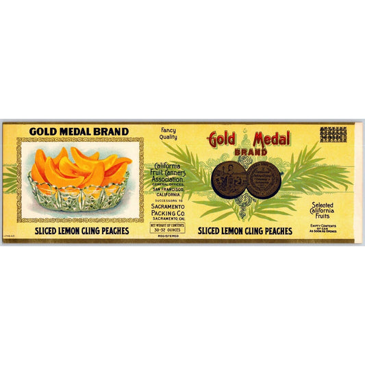 Gold Medal Sliced Lemon Cling Peaches Paper Can Label c1920's-30's VGC Scarce