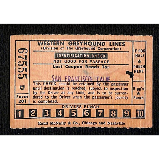 Western Greyhound Lines 1959 Identification Check / Ticket San Francisco #67555