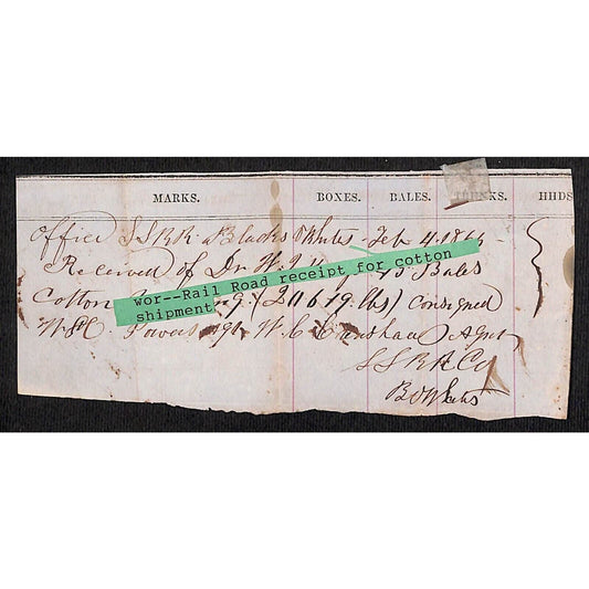 1865 Receipt for Railroad Cotton Freight / Shipment