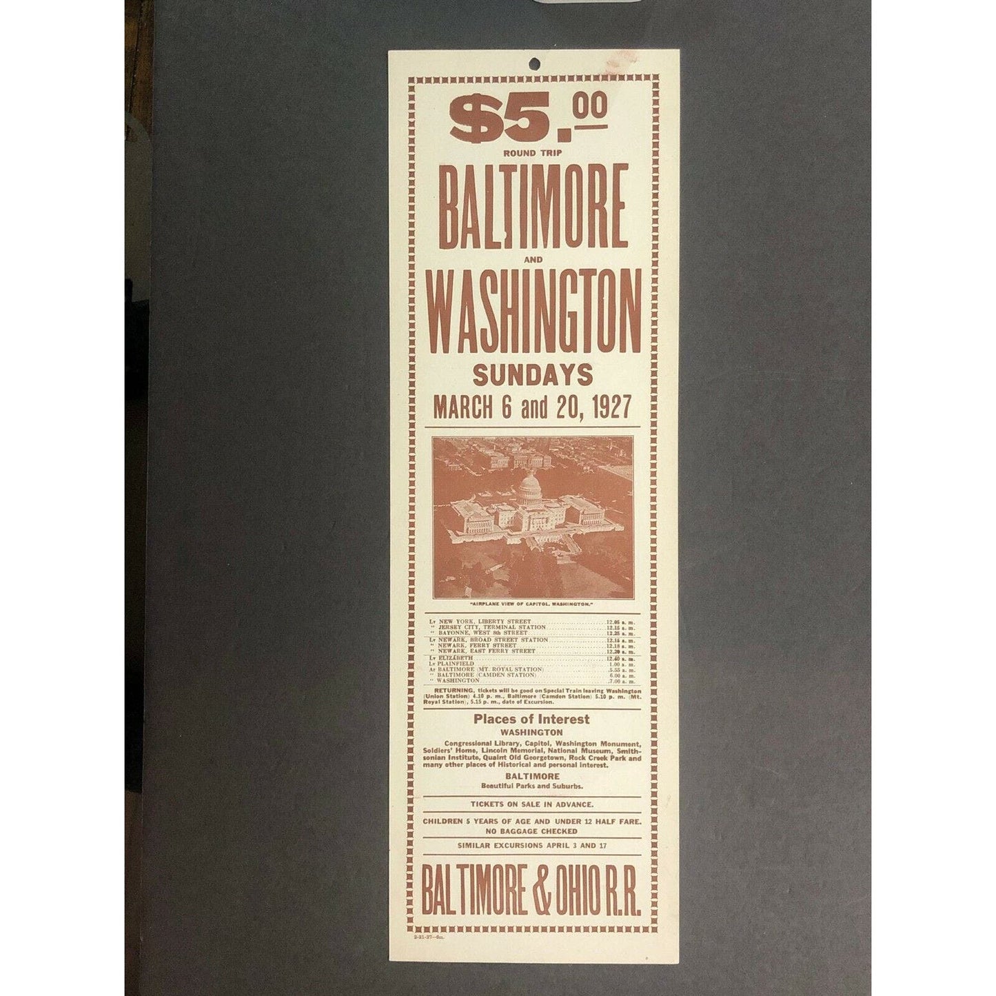 Vintage 1927 Baltimore & Ohio RR Broadside Baltimore to Washington Sundays March
