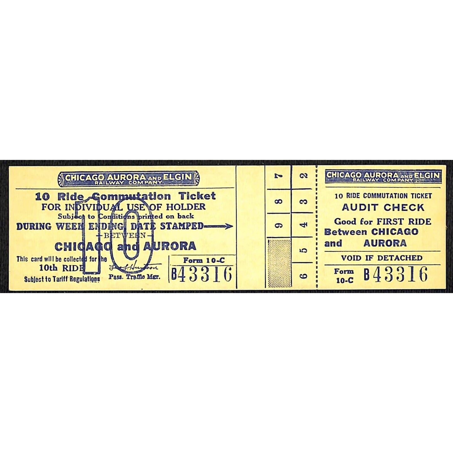 Chicago Aurora and Elgin Railway (1902-57) 10 Ride Ticket Chicago / Aurora