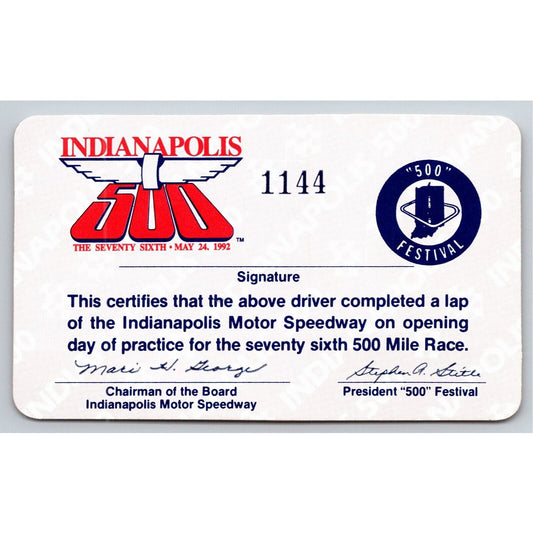 1992 Indy 500 Lap Completion Card Indianapolis IMS VGC #1144