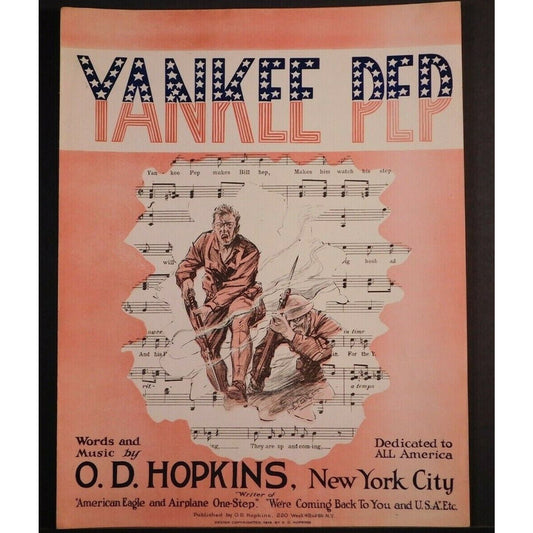 WWI Sheet Music - "Yankee Pep" Red White Blue - Soldier Bursting Through Music!