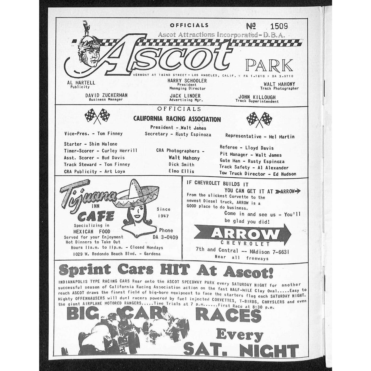 Scarce April 21 1962 CRA Championship Auto Racing Program Ascot Park 14pp.