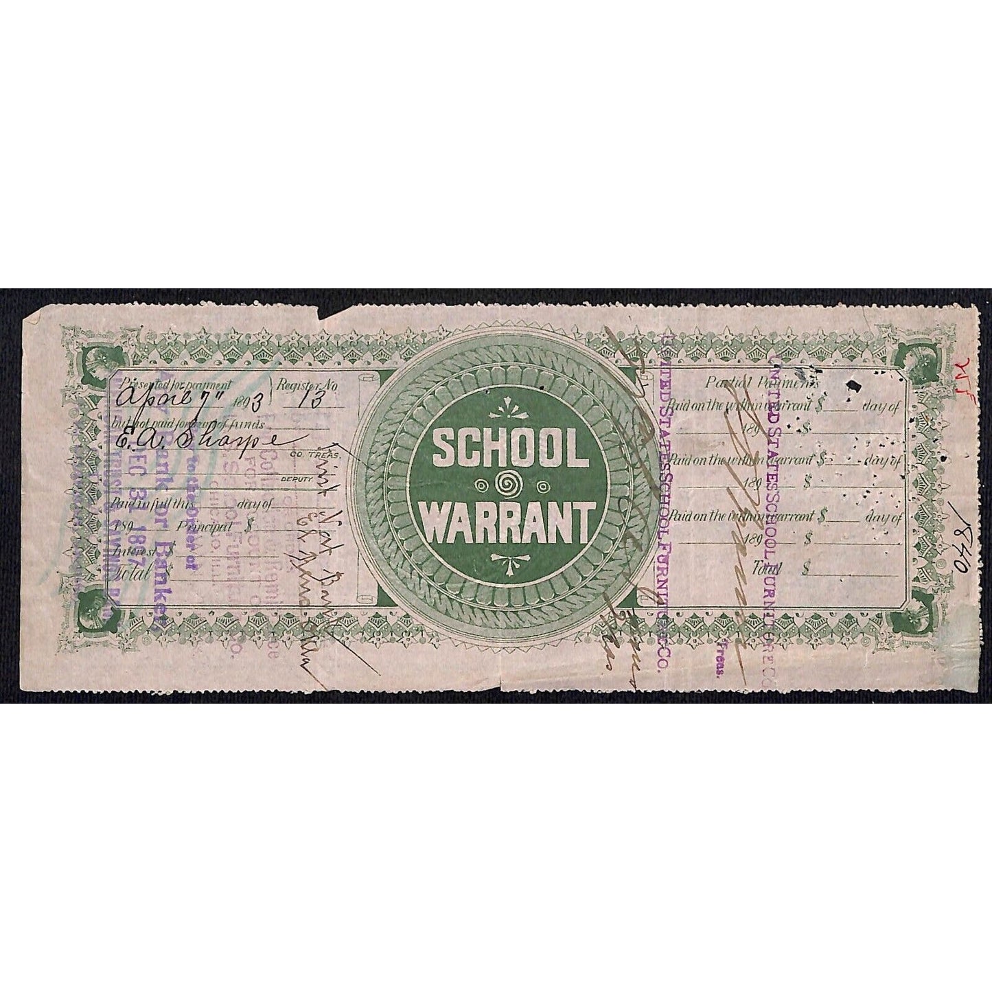 El Reno, OK 1893 Canadian County School Warrant for School Furniture - Scarce