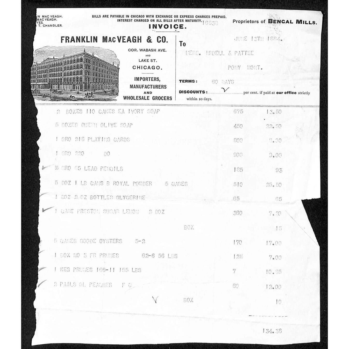 Chicago Franklin Mac Veagh & Co. Grocers 1884 Letterhead w/ 85lb Sack Peanuts