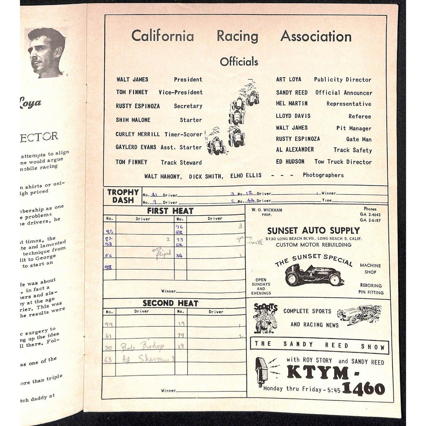 Scarce Sept 15 1962 Auto Racing CRA Big Car Program Ascot Gardena, CA 8pp.