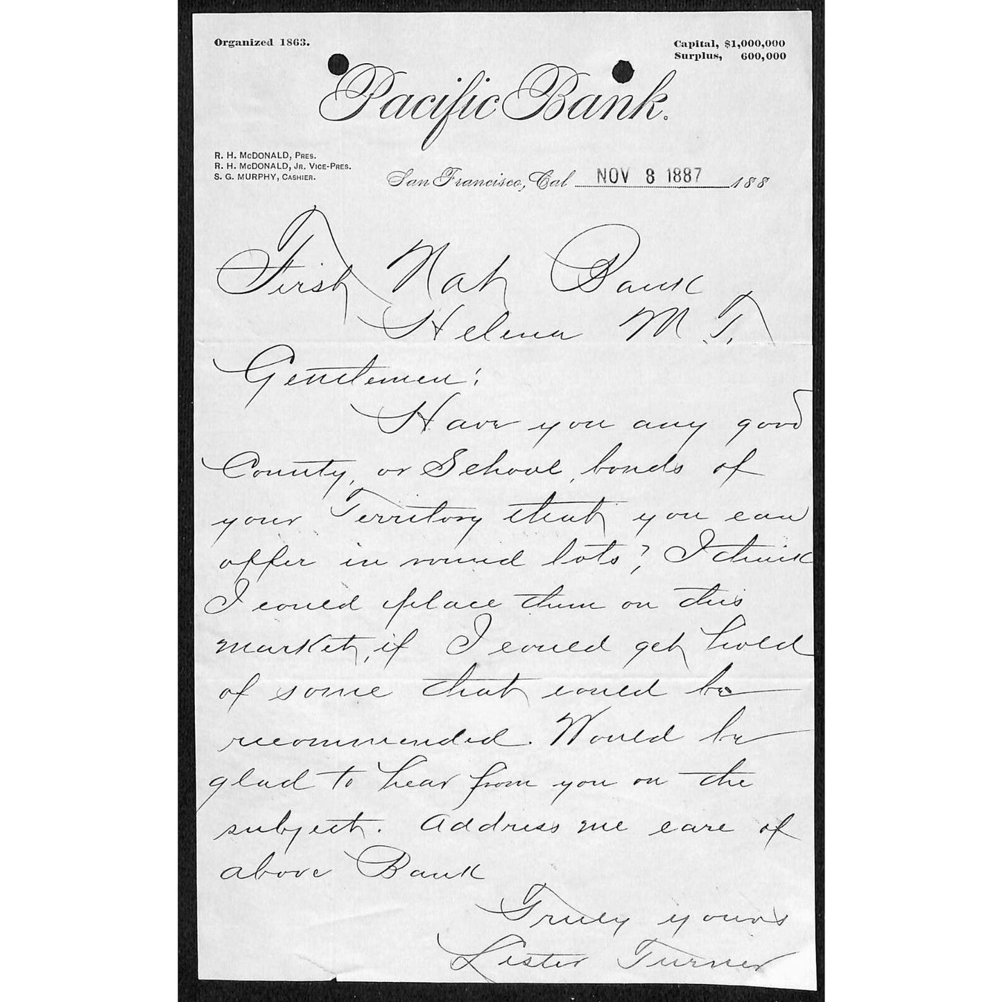 1887 Pacific Bank to First National Territorial Helena, MT Letterhead re: Land
