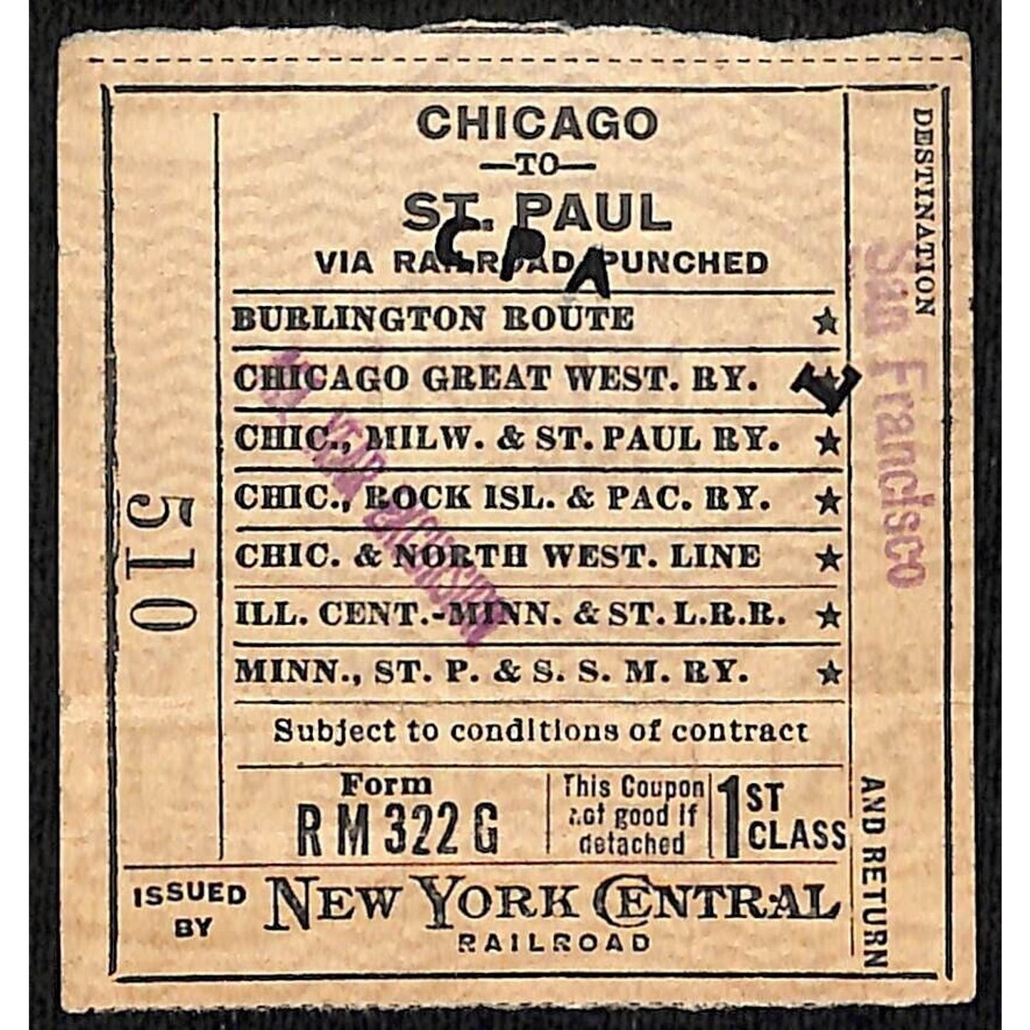 New York Central Railroad 1916 Ticket "Excursion" Stamp Chicago St. Paul #510