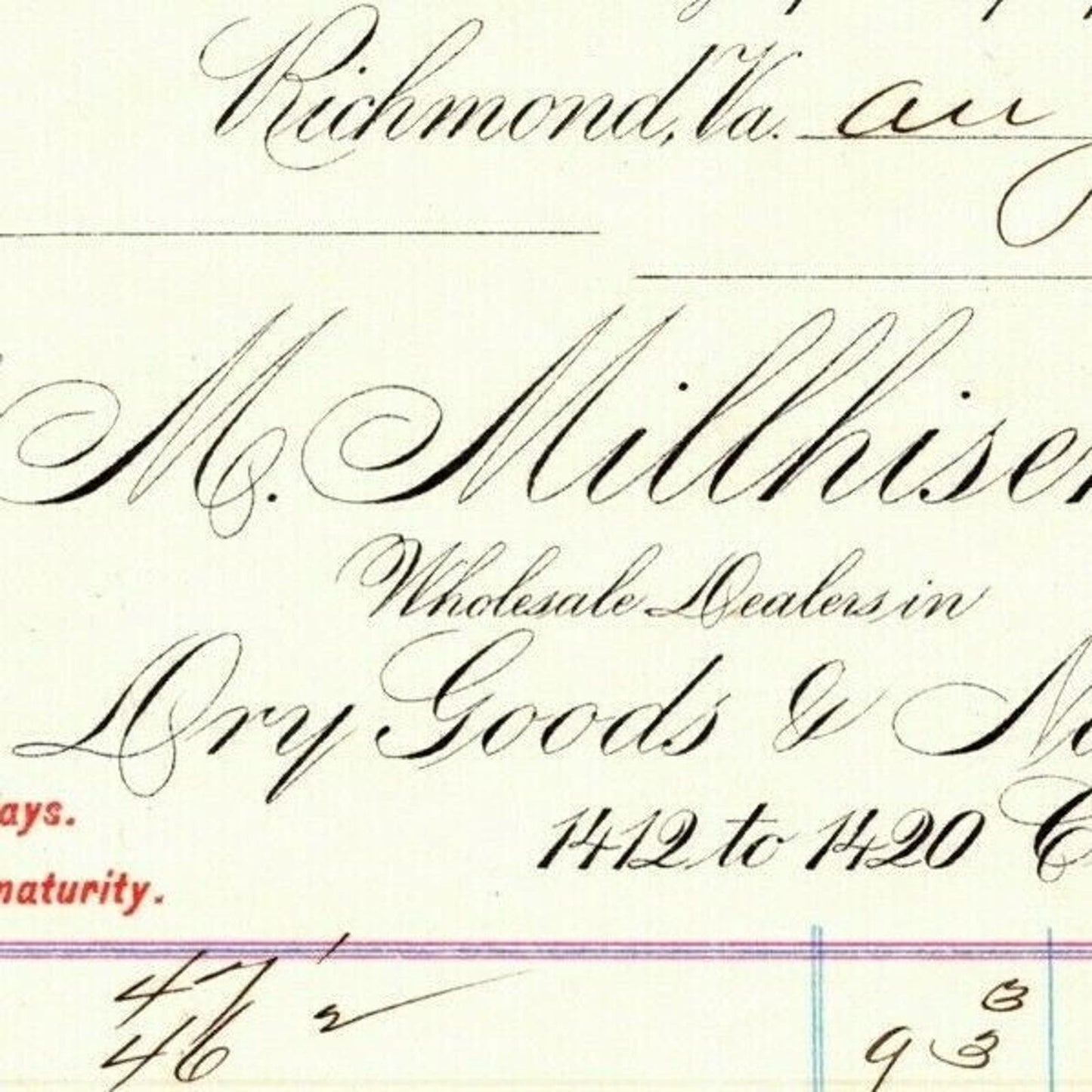 M. Millhiser & Co. Dry Goods Notions Richmond VA Letterhead to Geo. E. Wear 1898