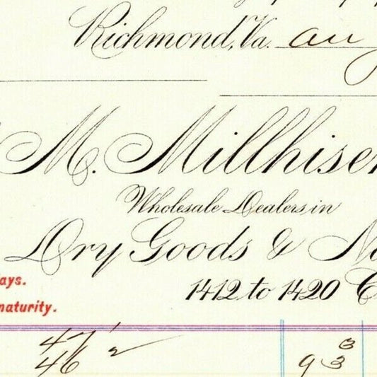 M. Millhiser & Co. Dry Goods Notions Richmond VA Letterhead to Geo. E. Wear 1898
