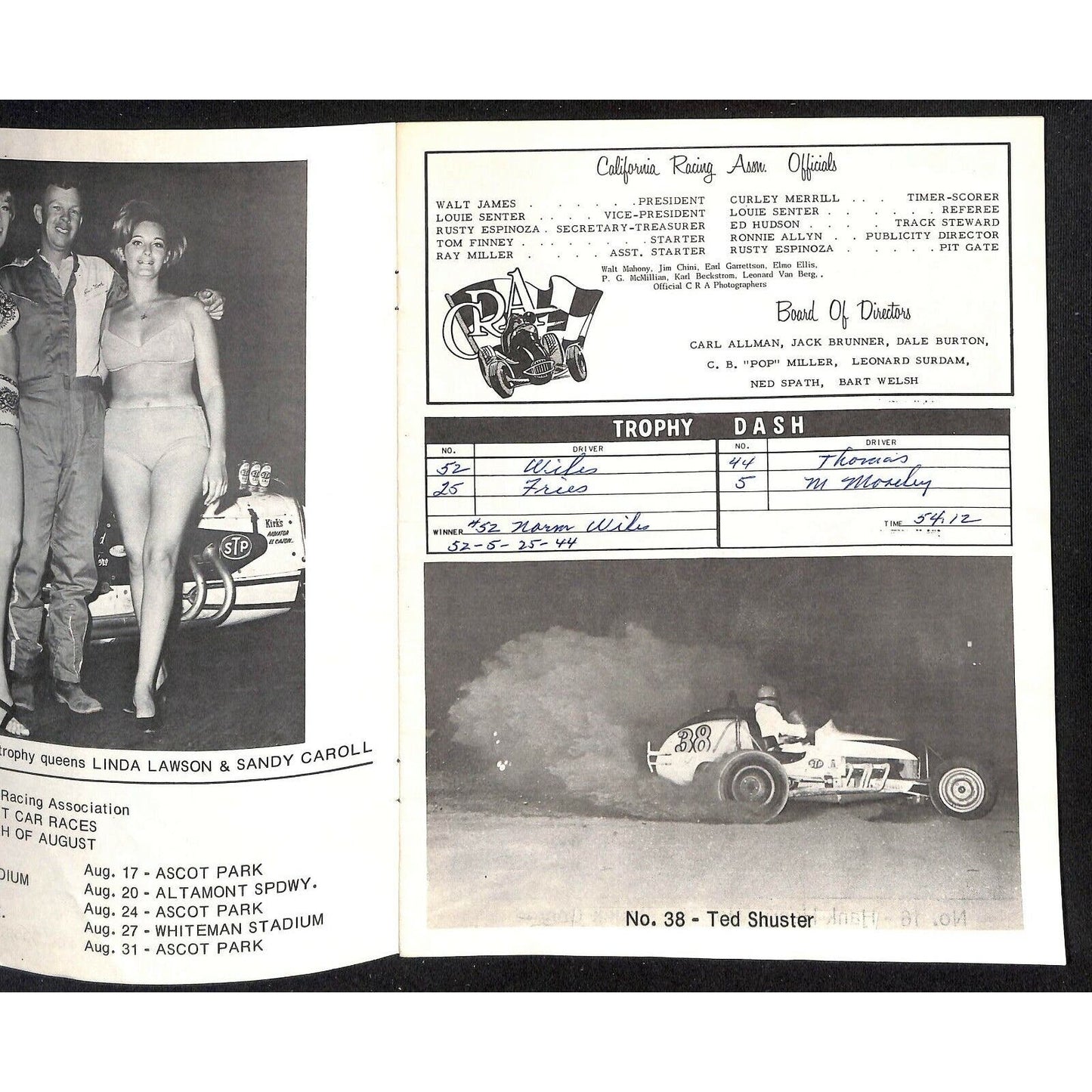 Scarce Aug 6 1966 Sprint Car Auto Racing CRA Program Whiteman Speedway 16pp.