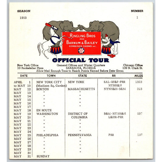 1953 Ringling Bros Barnum Bailey Circus Route Card NYC Boston Washington Phila.